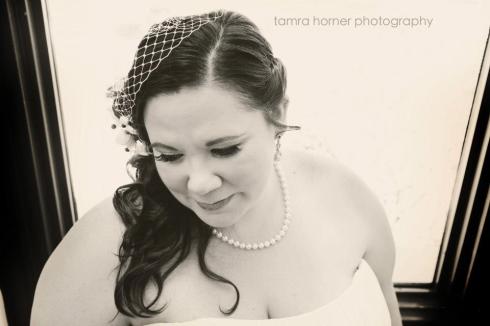 B & W of bride with natural window light